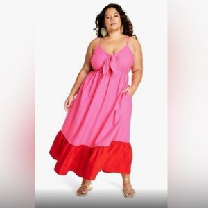 Tie-Front Pink and Red Maxi Dress